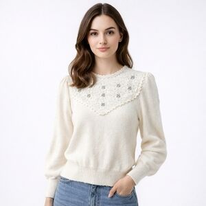 Vintage 1980s Dana Ashley Cream Rhinestone Pearl Bugle Bead Scallop Lace Sweater